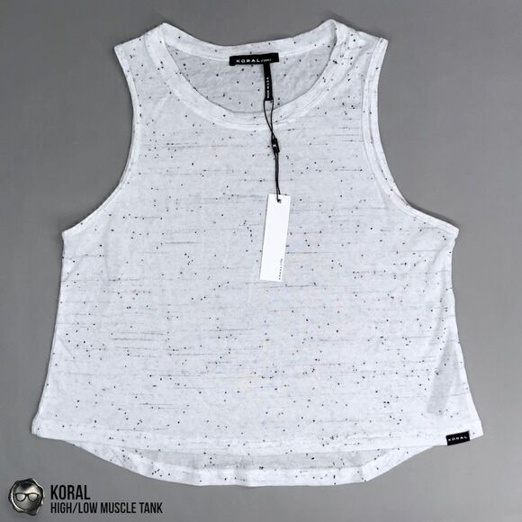 KORAL HIGH/LOW MUSCLE CROP T-SHIRT IN NEPS WHITE & BLACK FLECKED WOMEN’S SIZE XS - Picture 3 of 14